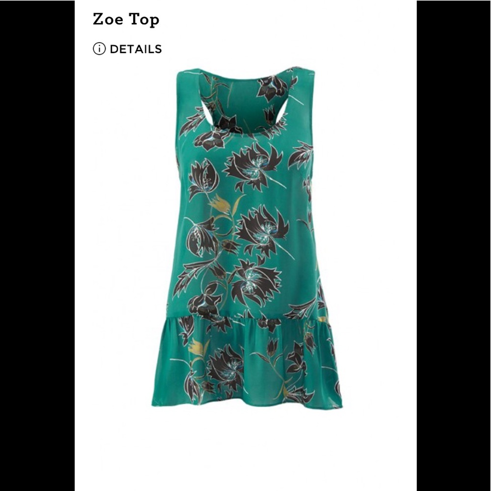 EUC CABI Zoe Top. Razorback cut, green backdrop with black floral print. Size M